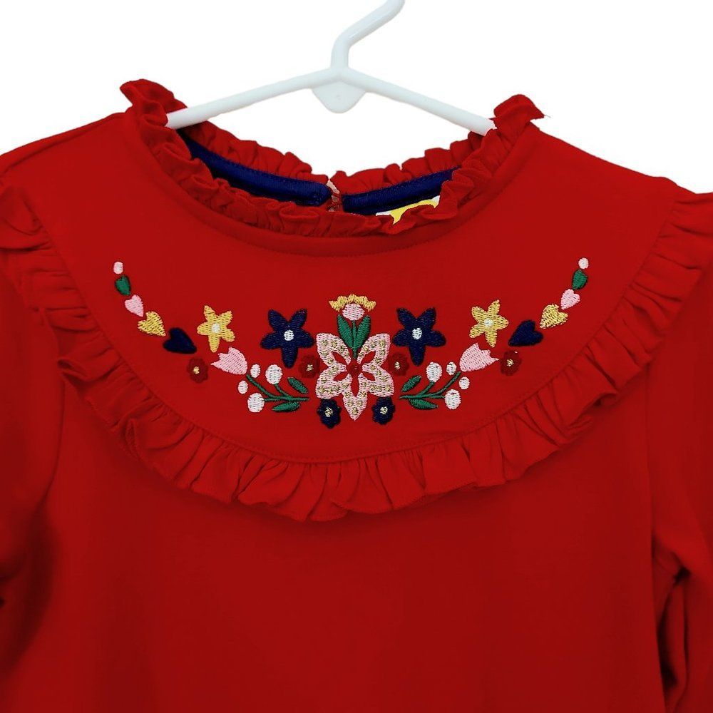 Mini Boden Dress Girls 4-5Y Red Embroidered Floral Pleated Ruffles Cotton Blend - Picture 3 of 11